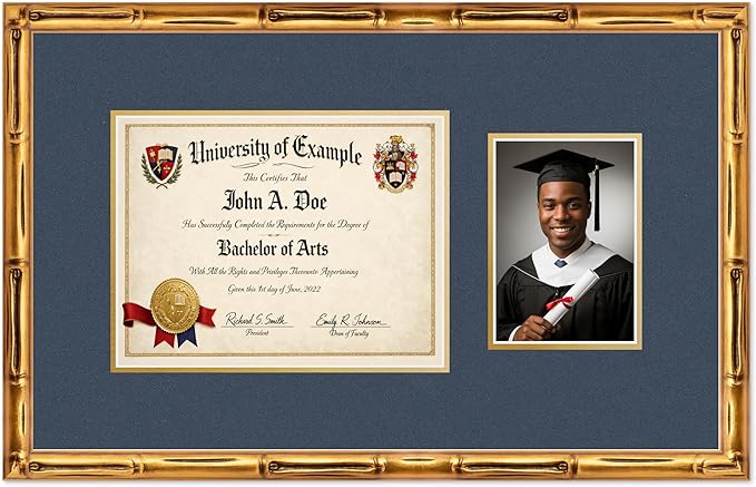 CountryArtHouse Fits 11 x 8.5 US Letter Certificate and 5 x 7 Photo Diploma and Photo Frame Gold Bamboo Genuine Hardwood with Navy Blue Over Metallic Gold Double mat