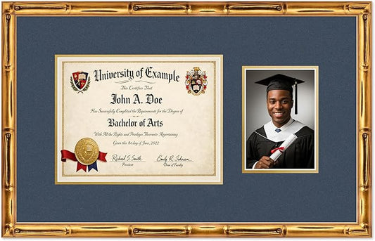 CountryArtHouse Fits 11 x 8.5 US Letter Certificate and 5 x 7 Photo Diploma and Photo Frame Gold Bamboo Genuine Hardwood with Navy Blue Over Metallic Gold Double mat