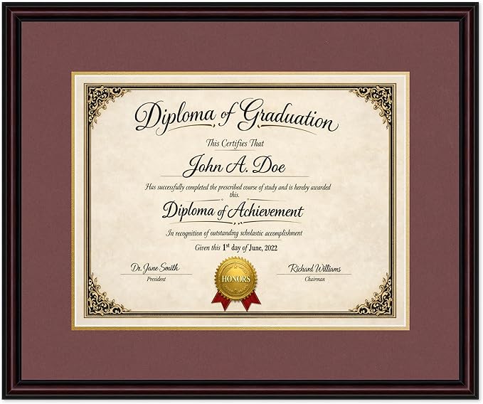 Diploma Frame Executive Brown with Dark Red Over Gold Double Mat - Fits 17 x 13 International Diploma Wall Display Made in the USA