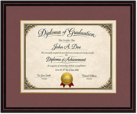 Diploma Frame Executive Brown with Dark Red Over Gold Double Mat - Fits 17 x 13 International Diploma Wall Display Made in the USA
