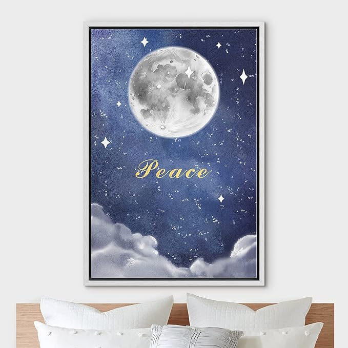IDEA4WALL Framed Canvas Print Wall Art Peace Watercolor Galaxy with Silver Moon Astronomy & Space Sky Illustrations Modern Art Glam Colorful Ultra for Living Room, Bedroom, Office - 24"x36" WHITE