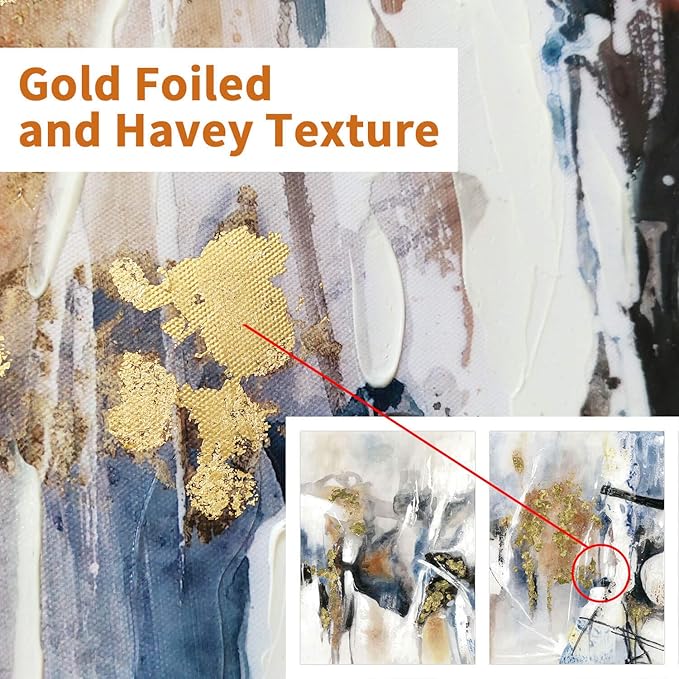 Hardy Gallery Abstract Canvas Wall Art Picture: Splash Gold Foils Artwork Painting Print on Canvas for Living Room (18'' x 24'' x 2 Panels)