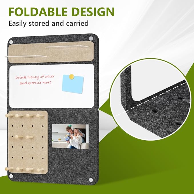 DOLLAR BOSS 3-in-1 Foldable Bulletin Board 16"x24" Vertical- Magnetic Whiteboard with Cork & Acrylic Shelves, Sound-Absorbing Felt for Home/Office/Dorm Includes Pins/Magnets (Grey)