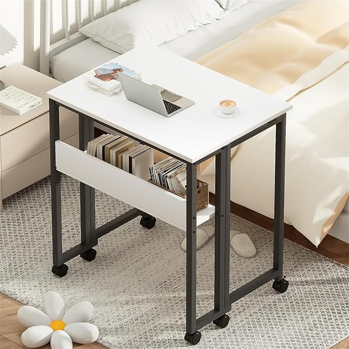 GreenForest Folding Desk Small Rolling Desk with Storage Shelf, 24.8 inch Foldable Computer Desk with Wheels for Small Space, Easy Assembly,White