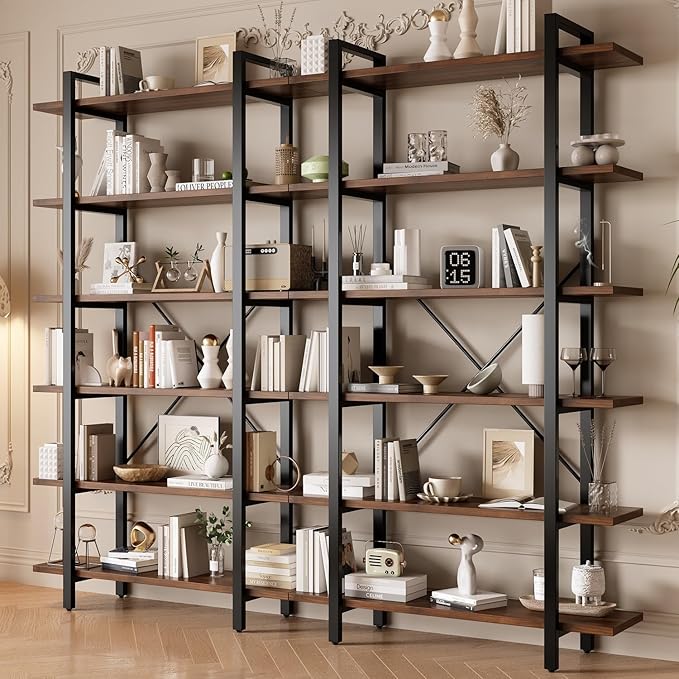 Bookshelf, Industrial Style Bookcase, Book Rack, Storage Rack Shelves in Living Room/Home/Office, Books Holder Organizer for Books/Movies (6-Tiers)
