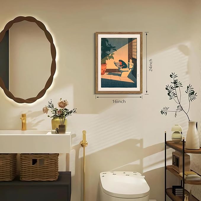 Funny Frog Bathroom Decor Wall Art, Cute Japanese Animal Canvas Wall Decor Painting, Whimsical Frog on Toilet Reading Newspaper Artwork Poster Prints Pictures for Bathroom Restroom 16x24 Inch