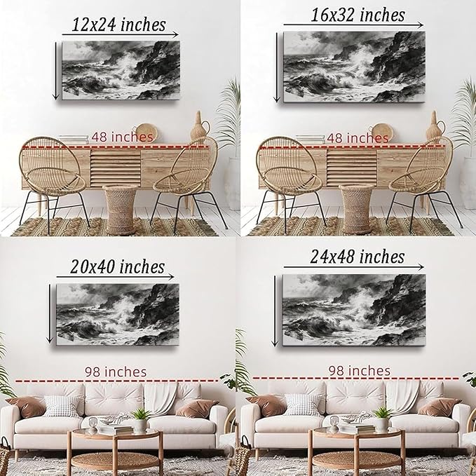 Black White Ocean Wave Framed Canvas Wall Art for Living Room, Coastal Decor 48" L x 24" W