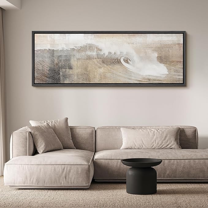 SIGNFORD Large Framed Canvas Neutral Ocean Wave Abstract Illustrations Modern Art Calm Warm for Living Room, Bedroom, Office - 60"x20"