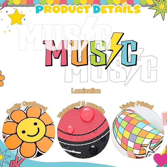 Pajean Music Bulletin Board Retro Groovy Record Classroom Decorations Music Note Flower The Final Countdown Cutouts for Back to School First Day Door Wall Window Chalkboard Supplies