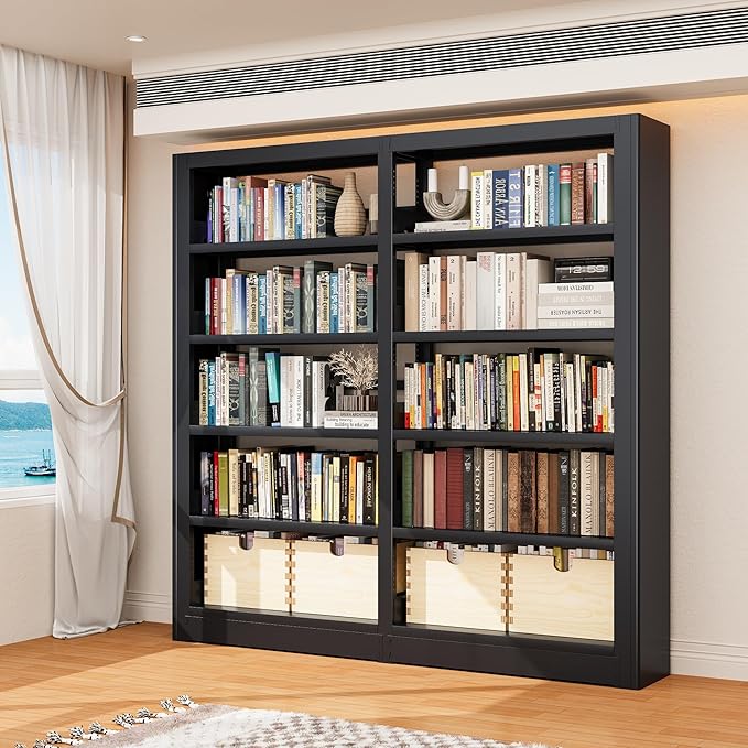 5-Tier Industrial Black Metal Bookshelf - Freestanding Tall Storage Organizer for Living Room & Home Office