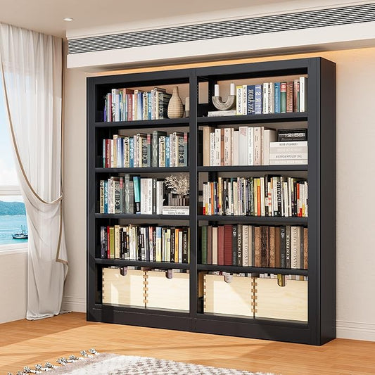 5-Tier Industrial Black Metal Bookshelf - Freestanding Tall Storage Organizer for Living Room & Home Office