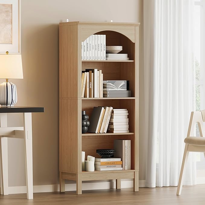 Arched Bookshelf with 4 Tier Open Shelves, 56" Tall Wood Bookcase with Adjustable Shelves, 24" Wide Floor Standing Display Storage Shelf for Home Office, Kitchen, Study and Living Room, Natural Oak