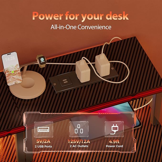 Mericonia Computer Desk 55 inch with Power Outlets & LED Lights, Gaming Desk with 3 Drawers for Home Office, Small Desk with Monitor Stand for Small Spaces, Study Writing Desk