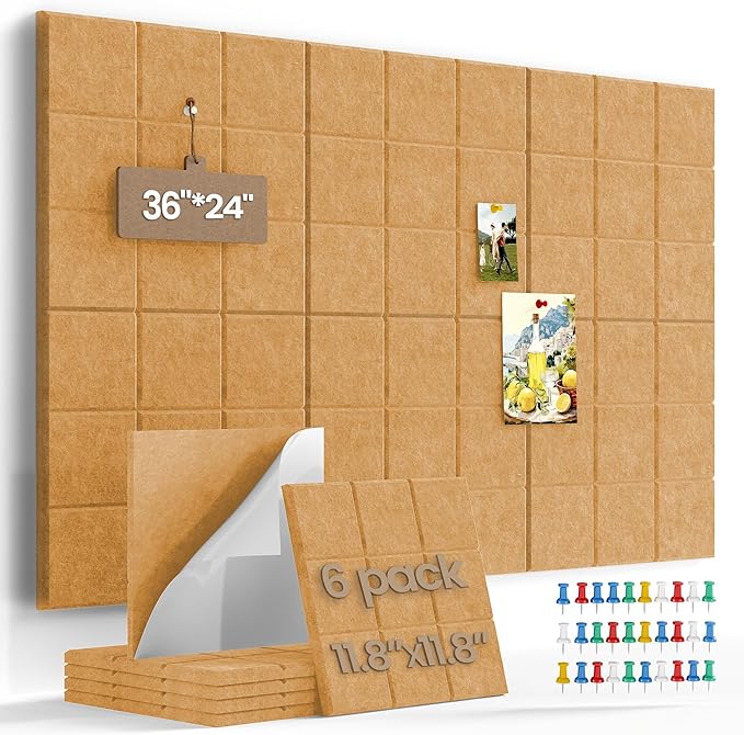 Bulletin Board 6 Pack Large Pin Board 11.8" x 11.8", Felt Board Tiles with 30 Push Pins Alternative to Cork Board for Wall Damage-Free, Self Adhesive Notice Board Memo Board for Home Office