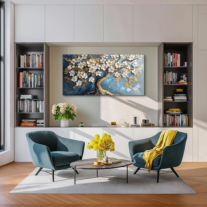 SERIMINO Gold Tree of Life Large Wall Art, Abstract Tree Oil Painting Art Prints, Cherry Blossom Flower Canvas Art Wall Decor, Modern Aesthetic Wall Pictures for Living Room Bedroom Office 24"X48"