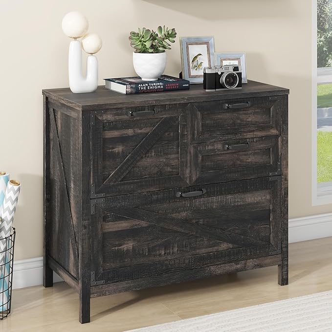 Lateral File Cabinet with 4 Drawers Farmhouse File Cabinet for Letter/Legal/A4 Size Hanging Files, Large Wood File Storage Cabinets Printer Stand for Home Office Cabinet, Dark Rustic Oak