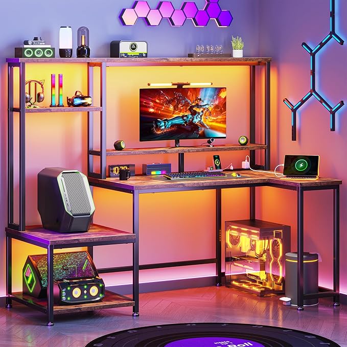 Computer Desk with LED Lights & Outlets,55" L Shaped Gaming Desk with Shelves & Storage Hutch,Reversible Corner Gaming Table with Printer Space & Monitor Stand for Home Office,Rustic Brown