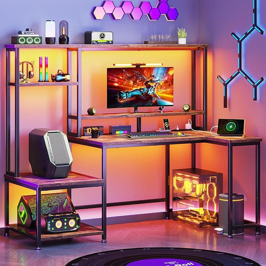 Computer Desk with LED Lights & Outlets,55" L Shaped Gaming Desk with Shelves & Storage Hutch,Reversible Corner Gaming Table with Printer Space & Monitor Stand for Home Office,Rustic Brown