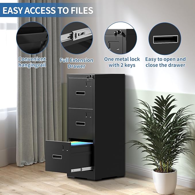 3 Drawer File Cabinet with Lock and Card Slot, Metal Vertical Filing Cabinets for Home Office, Steel Storage Cabinet for Hanging Legal/Letter Size Files, Assembly Required (Black)