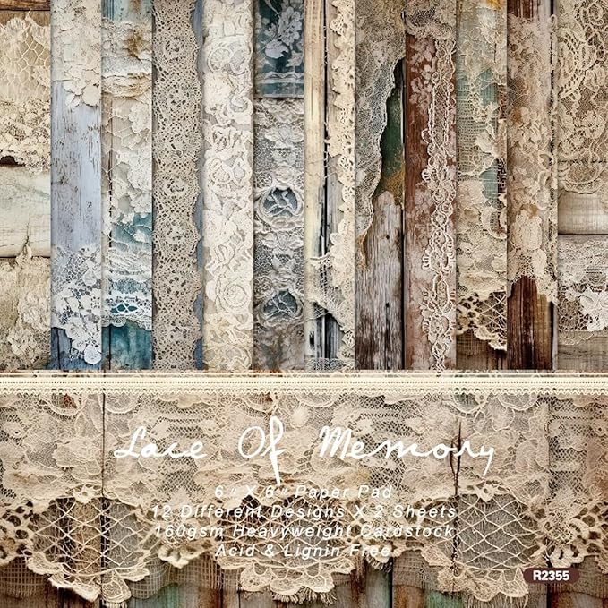 Vintage Lace & Wood Scrapbook Paper Pad 6x6, Single-Sided, 12 Designs, 24 Sheets, DIY Crafts, Scrapbooking Supplies