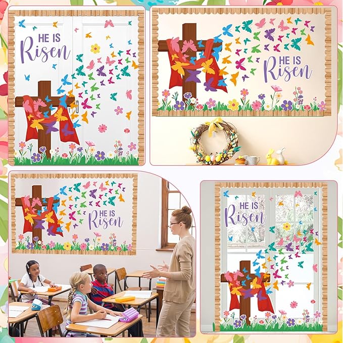 Easter Christian Bulletin Board Set He is Risen Paper Cutouts Butterfly Classroom Decoration Easter Butterfly Flowers Bulletin Board for Sunday Spring School Church Party Home Chalkboard Decor