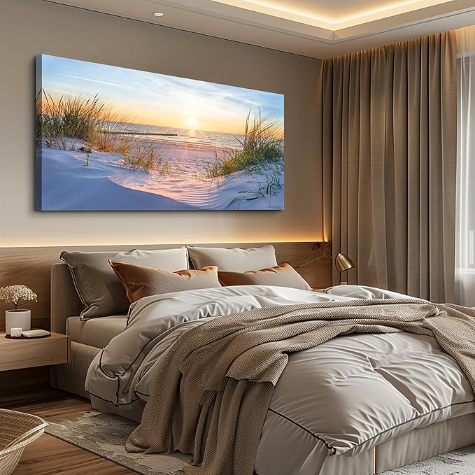MHARTK66 Wall Decor For Living Room Large Canvas Wall Art For Bedroom Modern Office Pictures Wall Artwork Blue Sun Beach Grass Ocean Landscape Paintings Canvas Art Prints Home Decorations
