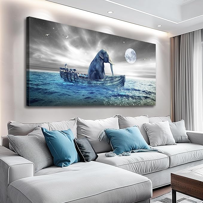 MHARTK66 Abstract Wall Art Large Size Elephant Artwork Wall Decor Stretched Canvas Painting Beach Picture for Living Room Bedroom Office Home Decor Ocean Seascape Poster Ready for Hanging 30"x60"