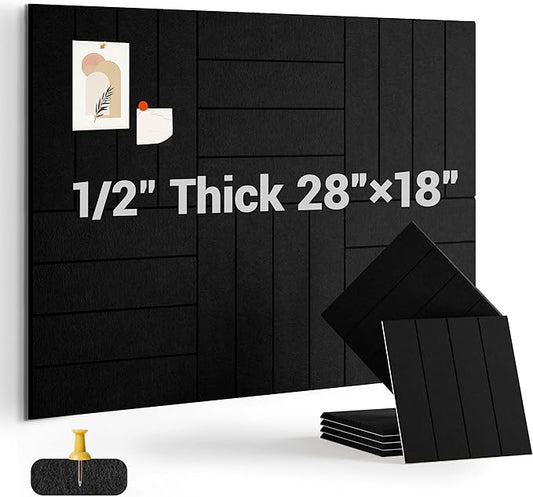 1/2" Thick Cork Board for Office, 6 Pack Felt Wall Tiles -28"x18" with Safe Adhesive Tabs, Large Bulletin Board, Push Pin Board Organizer Wall - Black