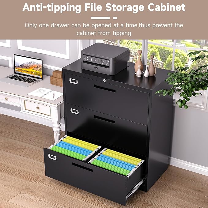 3 Drawer Lateral File Cabinet with Lock, Metal Filing Cabinets for Home Office, Wide Locking File Caninets, Black Office Storage Cabnet for Hanging Letter/Legal / A4 / F4 - Assembly Required