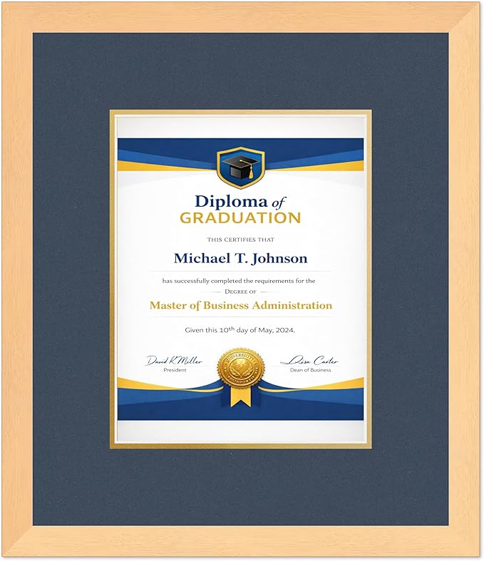 Diploma Frame Natural Wood with Navy Blue Over Gold Double Mat - Fits 8.5 x 11 Certificate (Portrait) Wall Display Made in the USA