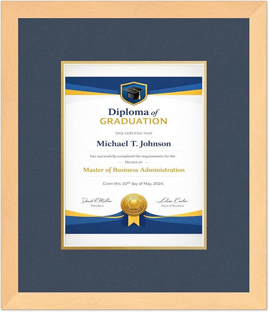 Diploma Frame Natural Wood with Navy Blue Over Gold Double Mat - Fits 8.5 x 11 Certificate (Portrait) Wall Display Made in the USA