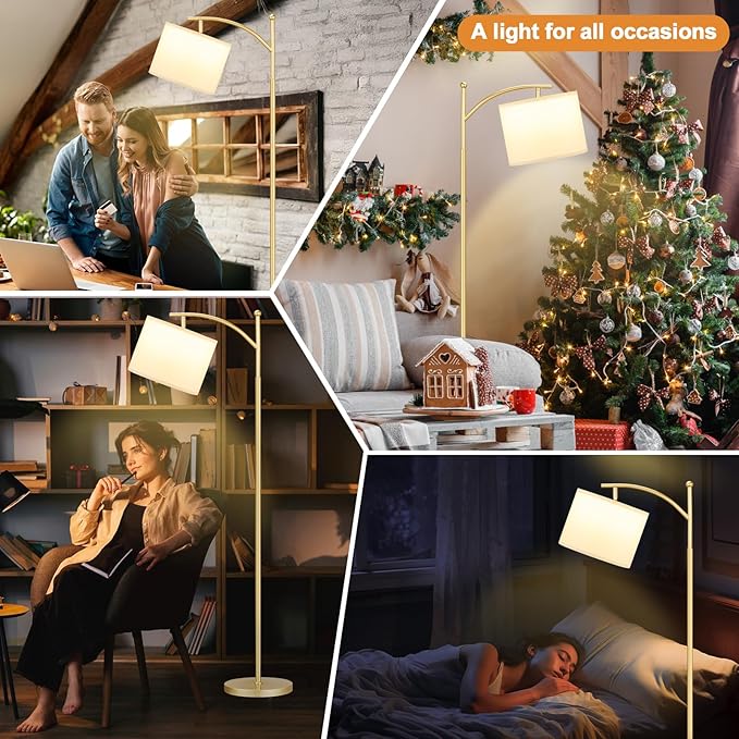 Ambimall 60" Floor Lamps for Living Room with 3 Color Temperatures, Adjustable White Shade with Gold Pole, Tall Lamps for Living Room Bedroom Office Classroom Dorm Room, 9W Bulb Included