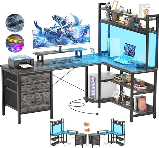 Aheaplus L Shaped Desk with Hutch, Gaming Desk with Led Lights, Reversible Computer Desk with Power Outlet, Corner Desk with File Drawer & Monitor Stand, Storage Shelves for Home Office, Black Oak