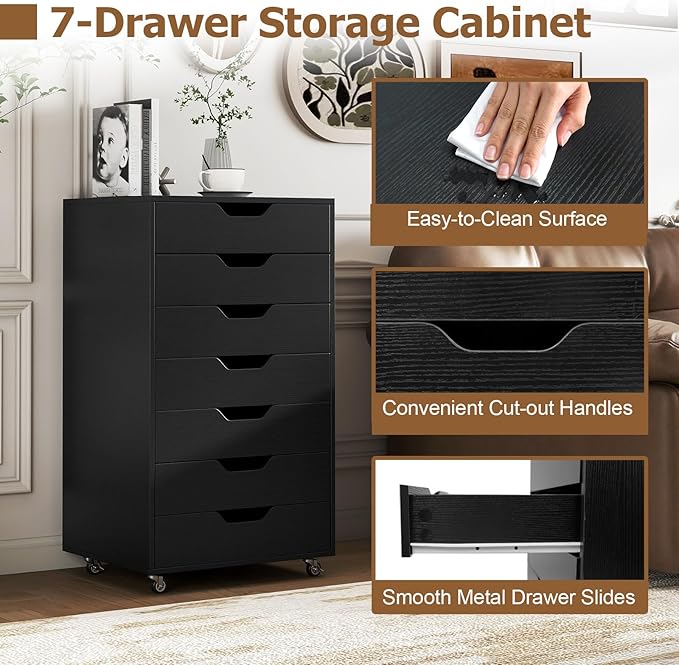 7 Drawer File Cabinet, 34.5" Vertical Storage Drawer Cart, Under Desk Office Organizer, Wooden Printer Stand, Rolling Filing Cabinet for Home Office (Black)