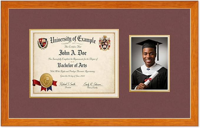 CountryArtHouse Fits 11 x 8.5 US Letter Certificate and 5 x 7 Photo Diploma and Photo Frame Honey Oak Genuine Hardwood with Dark Red Over Metallic Gold Double mat