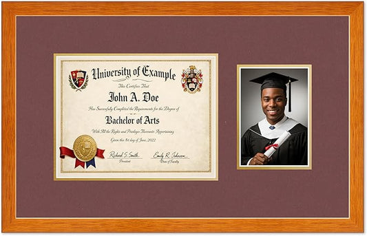 CountryArtHouse Fits 11 x 8.5 US Letter Certificate and 5 x 7 Photo Diploma and Photo Frame Honey Oak Genuine Hardwood with Dark Red Over Metallic Gold Double mat