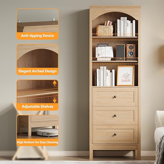 Bookshelf with Drawers, 71" Tall Wood Bookcase with Adjustable Shelf, 24" Wide Arched Book Shelf, Floor Standing Display Storage Cabinet for Home Office, Study and Living Room, Natural Oak