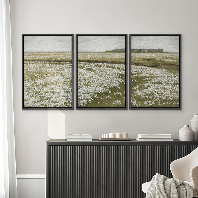 SIGNWIN Framed Canvas Print Wall Art Set White Daisy Flower Country Farm Field Nature Abstract Illustrations Fine Art Decorative Nordic Rustic for Living Room, Bedroom, Office - 16"x24"x3 Black
