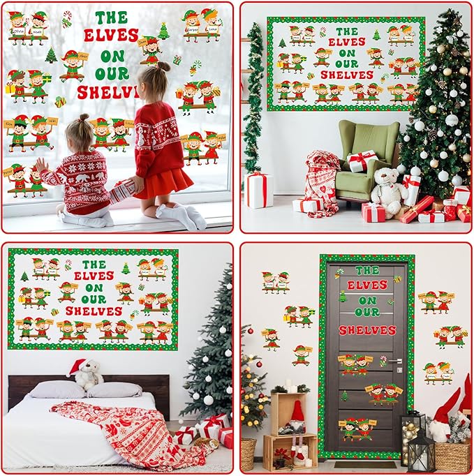 Christmas Elf Bookshelf Bulletin Board Set Elves On Our Shelves Classroom Decorations Xmas Elf Paper Cutouts Red Green Bulletin Board Border for School Wall Xmas Holiday Party Decor Teacher Supplies