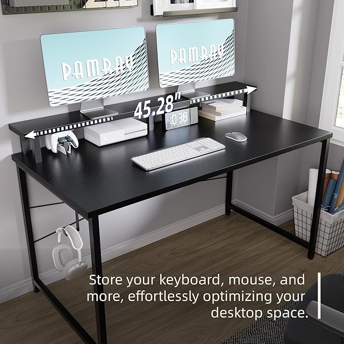 Pamray 47 Inch Small Computer Desk with Monitor Stand, Simple Office Desk with Headphone Hook for Small Spaces, Kids Study Writing Table for Bedroom, Grey