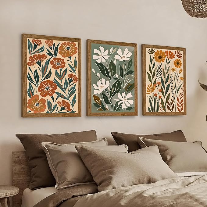 InspiredHues 3 Piece Abstract Boho Floral Canvas Wall Art, Green Beige Flower Market Wall Decor, Minimalist Colorful Botanica Artwork Prints for For Living Room Bedroom Office 16x24 Inch Wood Framed