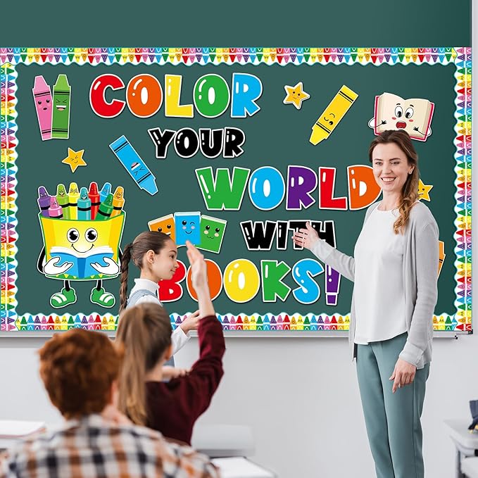 gisgfim Colorful Crayon Bulletin Board Decorations Reading Crayon Paper Cutouts Motivational Books Bulletin Board Set for Back to School Teacher Students Door Wall Chalkboard Decor Supplies