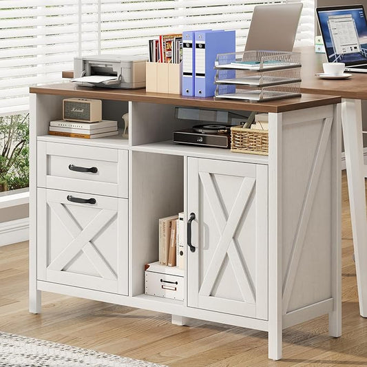 Farmhouse File Cabinet with Doors, Lateral Filing Cabinet with 2 Drawers for Letter/A4 Size Hanging Files, Large Wooden Printer Stand with Open Shelf for Home Office, Rustic White