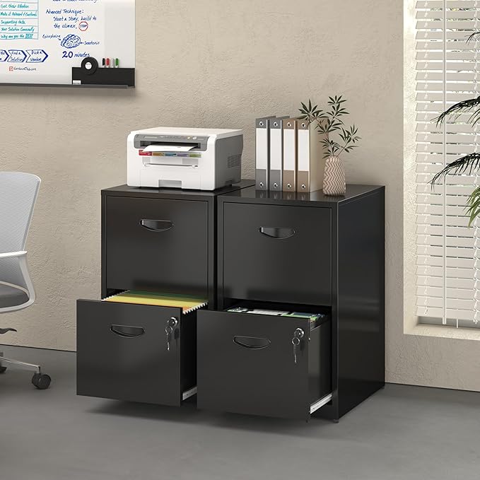 2 Drawer File Cabinet with Lock, Metal File Cabinets for Home Office, Under Desk Storage, Printer Stand, Office File Cabinets for Letters and File Boxes, Assembly Required, Black