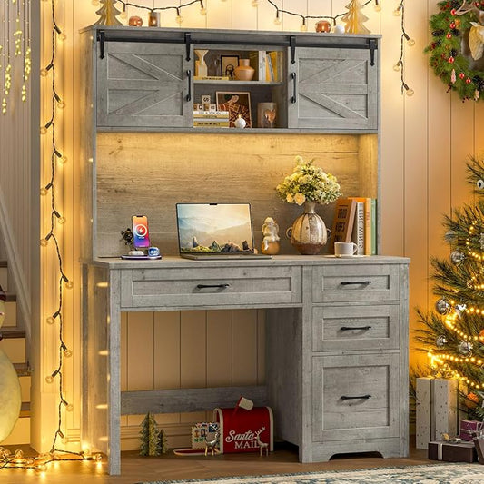 Farmhouse 67" H Executive Desk with Hutch,Computer Desk with Charging Station,Office Table with LED Light and 4 Drawers,File Drawers and Storage Cabinet,Workstation for Home Office.Grey