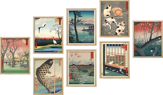 SIGNWIN Poster Wall Art Set of Koinobori The Carp Fish, Plum Park Landscape with 2 Cranes from One Hundred, Plum Blossom in Garden for Living Room, Bedroom, Office - 11"x14"x 8