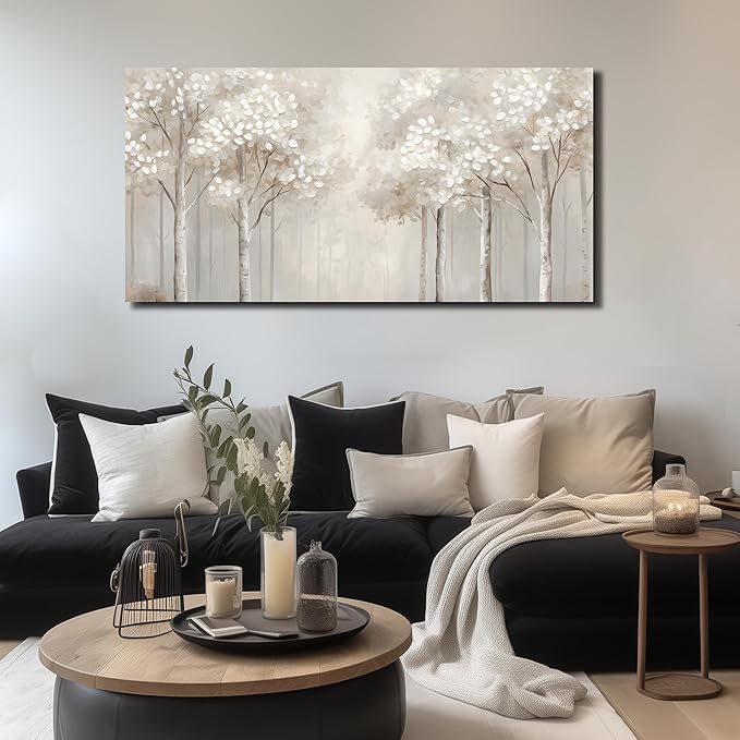 ANCXWOTER Large Forest Wall Art for Living Room White Misty Birch Tree Picture for Bedroom Office Modern Landscapes Canvas Prints Ready to Hang 29x58 Inch