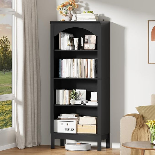56" H Tall Bookshelf and Bookcase, Arched Book Shelf with 4-Tier Open Shelves, Wooden Storage Bookcase Freestanding Display Bookshelves for Bedroom, Living Room, Black