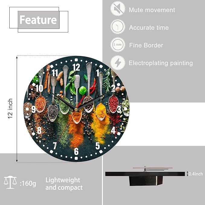 SPUNKER Clocks for Living Room,Colourful Herbs Spices 10 Inch Wall Clock,Spoons Small Battery Operated Wall Clocks Decorative for Kitchen/Living Room/Bedroom/Bathroom/Dining Room