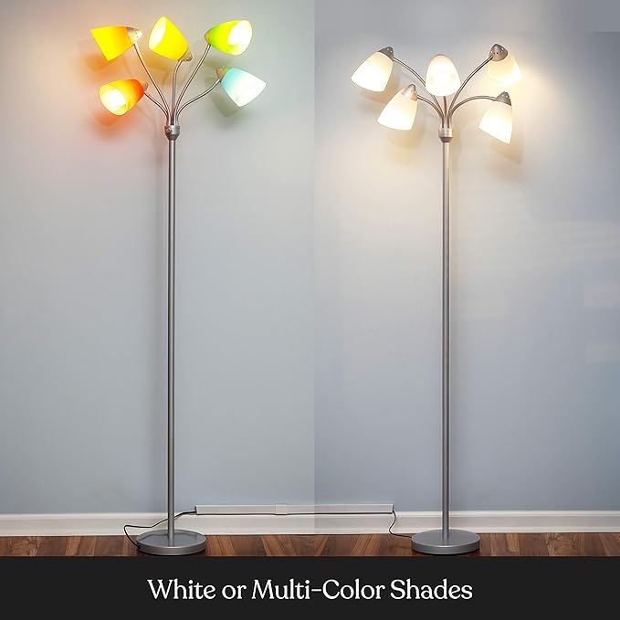 Brightech Medusa LED Floor Lamp – Multi-Head Dimmable Floor Lamp for Living Rooms & Offices – Tall Lamp with Interchangeable Shades, Adjustable Standing Lamp for Bedroom Reading – Silver